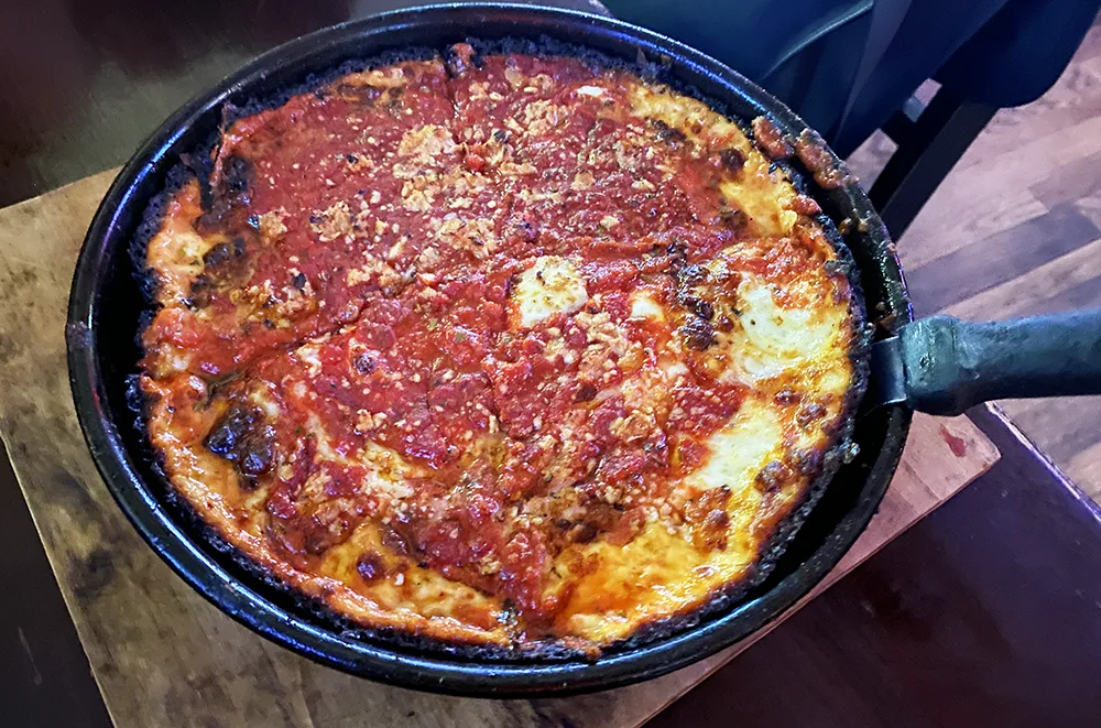 Caramelized crust on a Pequod's pizza